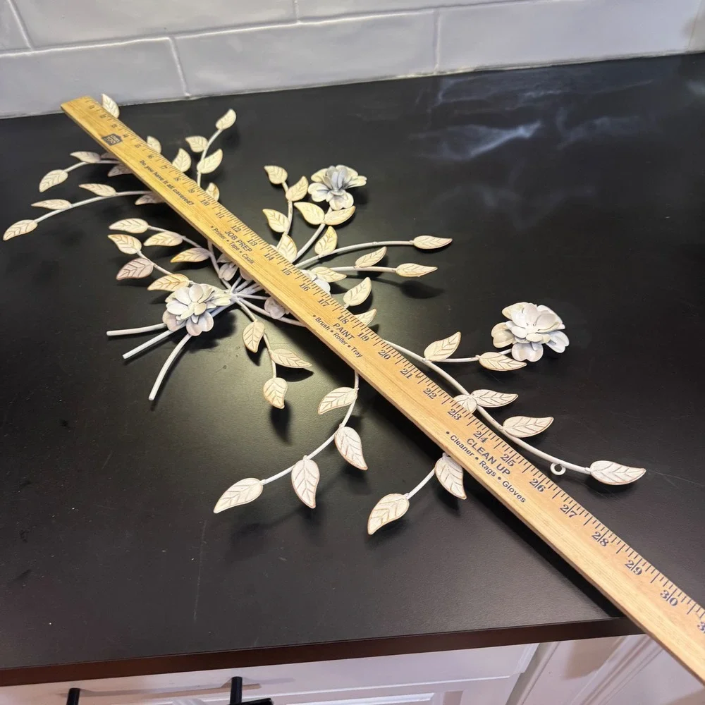Metal Floral Wall Art Home Decor 28in Cream Gold Distressed Shabby Chic Spray
